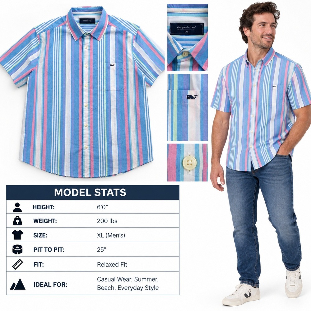 Vineyard Vines Mens XL Relaxed Fit Striped Short Sleeve Button Down 1W011354
